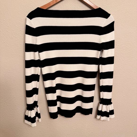 Lauren Ralph Striped Sweater M Black White Bell Sleeve Knit Pullover Preppy - Picture 5 of 9